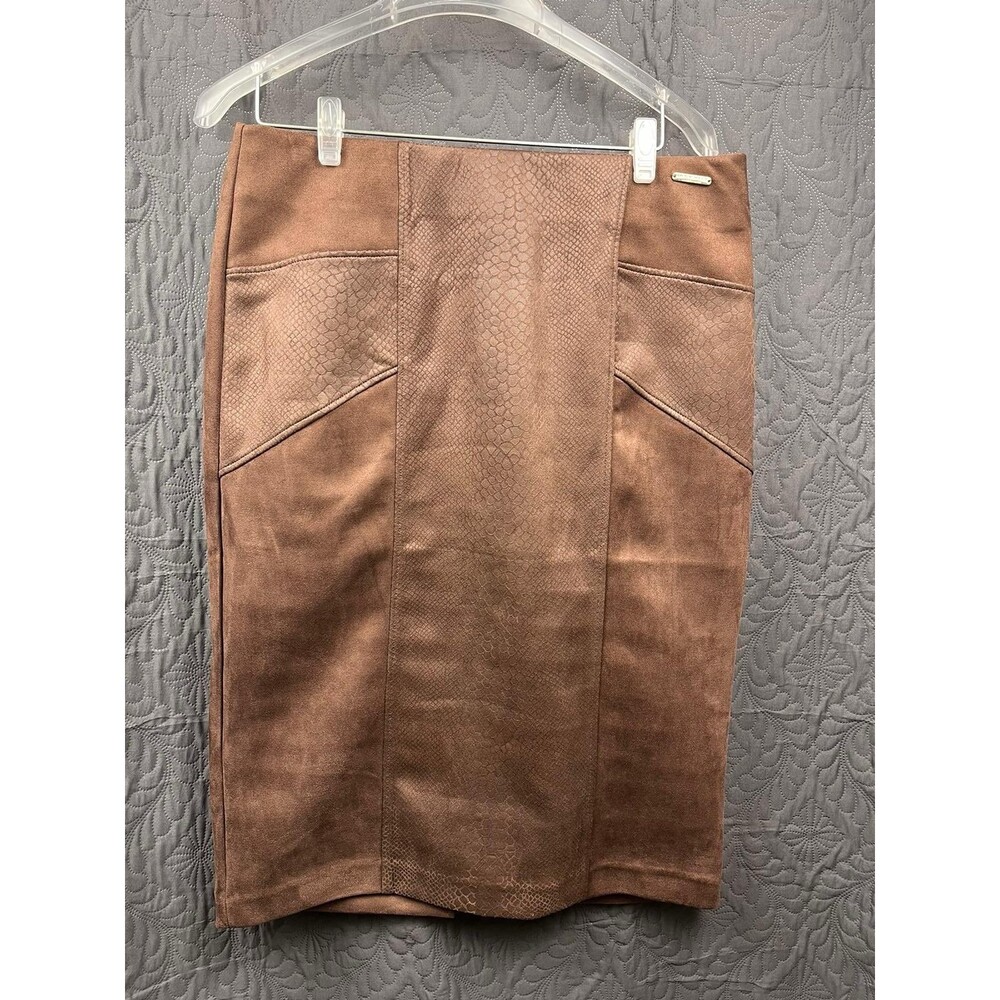 Marc New York Andrew Marc Faux Leather Animal Print Mix Pencil Skirt Brown SZ M